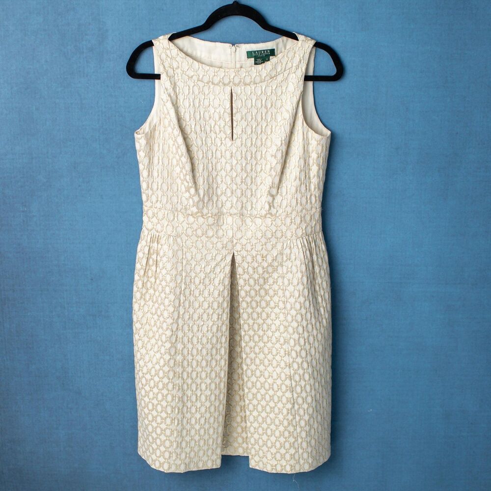 Lauren Ralph Lauren Dress Women Size 8 Ivory Gold Embroidered Fit Flare Cocktail